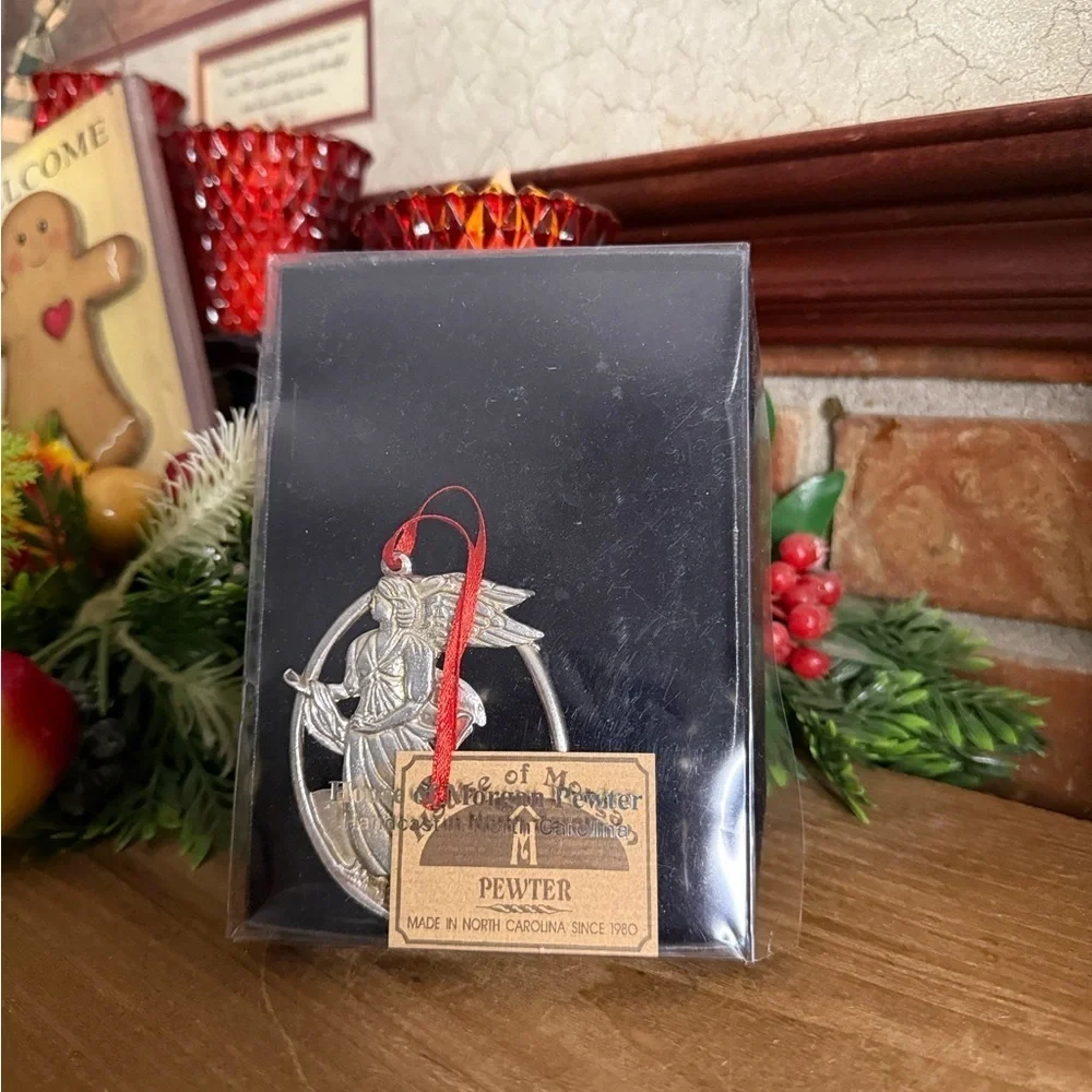 House of Morgan Pewter Silver Angel Ornament with Red Ribbon